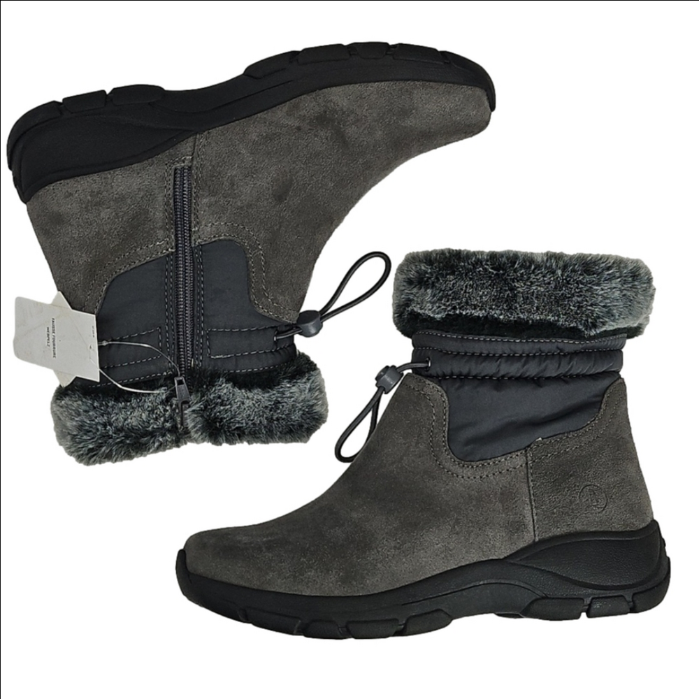 NWT Lands' End Grey Suede Leather Faux Fur Trim Thermolite Winter Ankle Boot